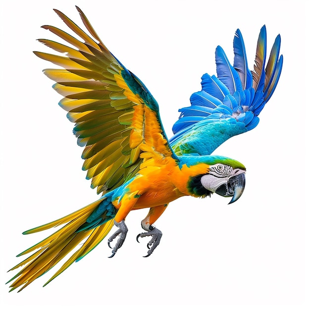 Colorful flying Catalina Macaw parrot isolated on white background with clipping path