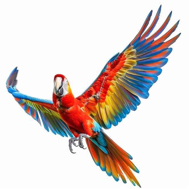 Colorful flying Catalina Macaw parrot isolated on white background with clipping path