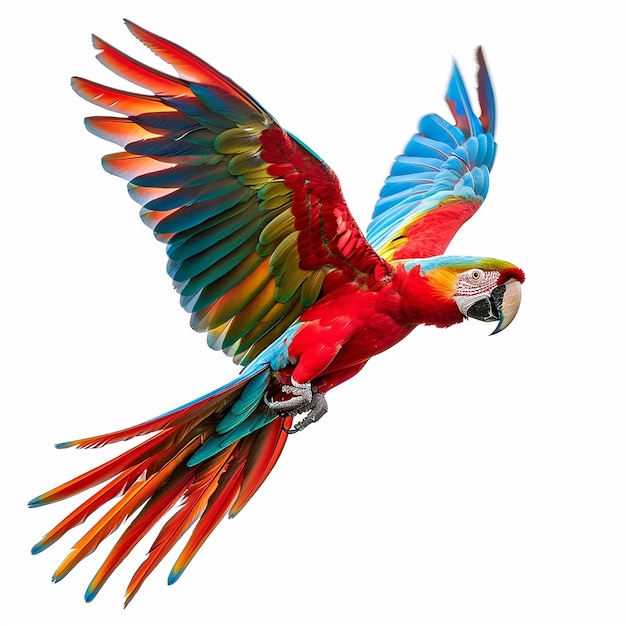 Colorful flying Catalina Macaw parrot isolated on white background with clipping path