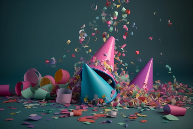 Colorful flying confetti with birthday hats on blue background