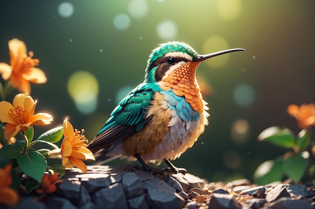 A colorful flying cute bird with a colorful background