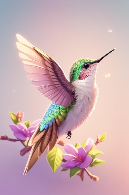 A colorful flying cute hummingbird with a colorful background