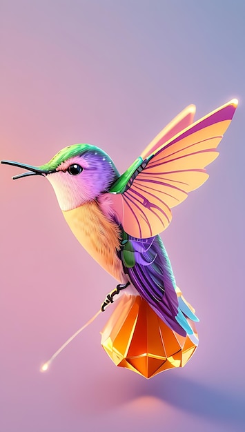 A colorful flying cute hummingbird with a colorful background