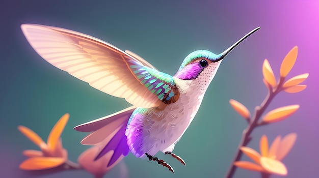 A colorful flying cute hummingbird with a colorful background