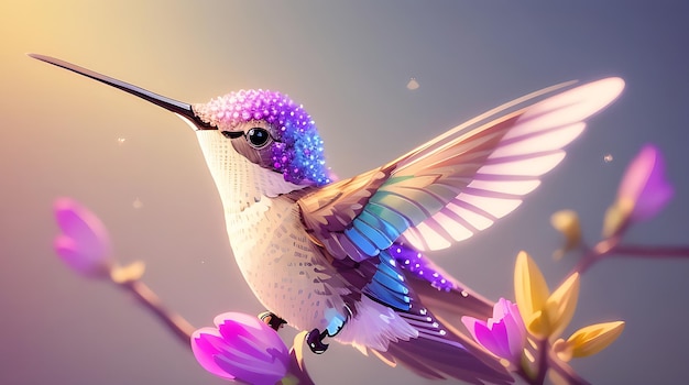 A colorful flying cute hummingbird with a colorful background