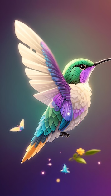 A colorful flying cute hummingbird with a colorful background