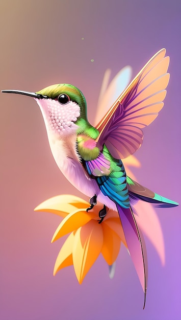 A colorful flying cute hummingbird with a colorful background