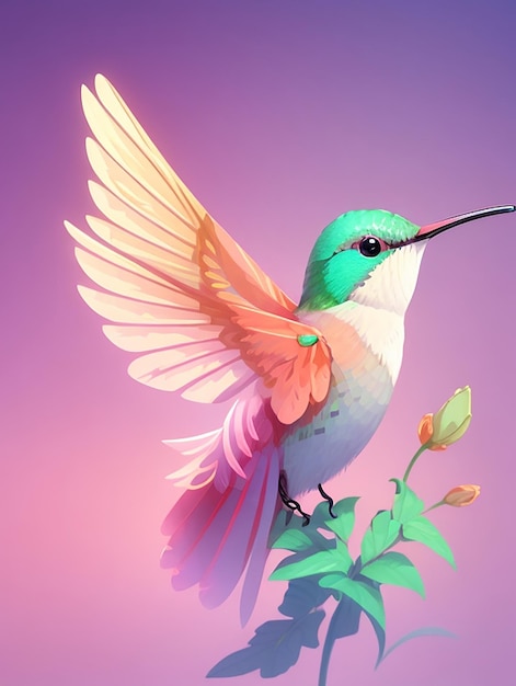 A colorful flying hummingbird with a colorful background