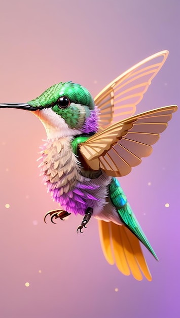 A colorful flying hummingbird with a colorful background