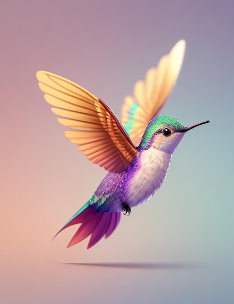 A colorful flying hummingbird with a colorful background