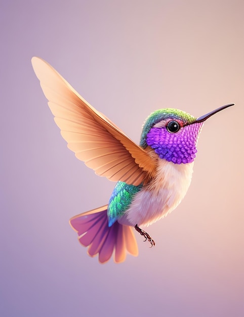 A colorful flying hummingbird with a colorful background