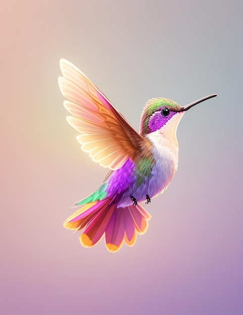 A colorful flying hummingbird with a colorful background