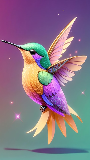 A colorful flying hummingbird with a colorful background