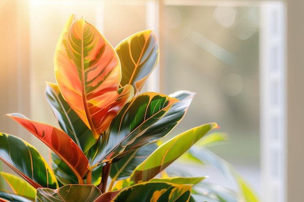 Colorful foliage of a potted croton plant in sunlit modern home