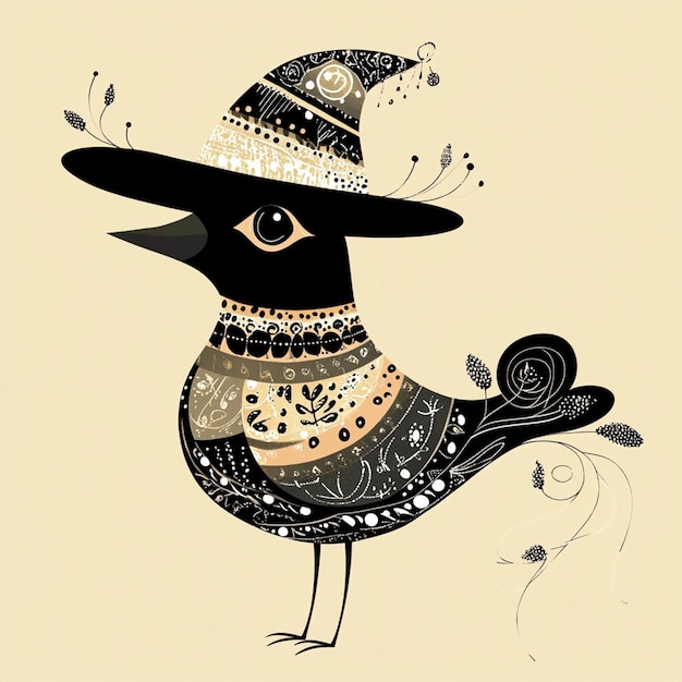 Colorful Folk Art Bird with Patterned Hat