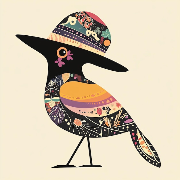 Colorful Folk Art Bird with Patterned Hat