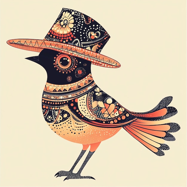 Colorful Folk Art Bird with Patterned Hat