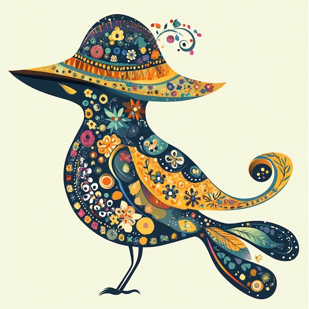 Colorful Folk Art Bird with Patterned Hat