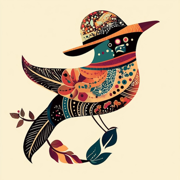 Colorful Folk Art Bird with Patterned Hat