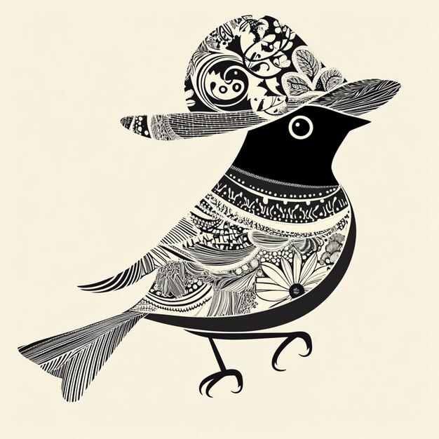 Colorful Folk Art Bird with Patterned Hat