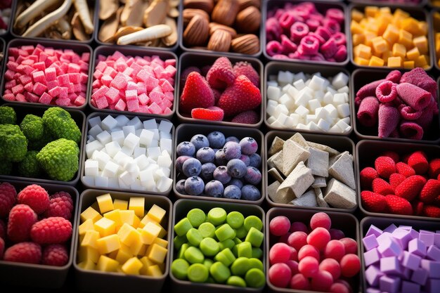 Photo colorful food arrangement in square containers