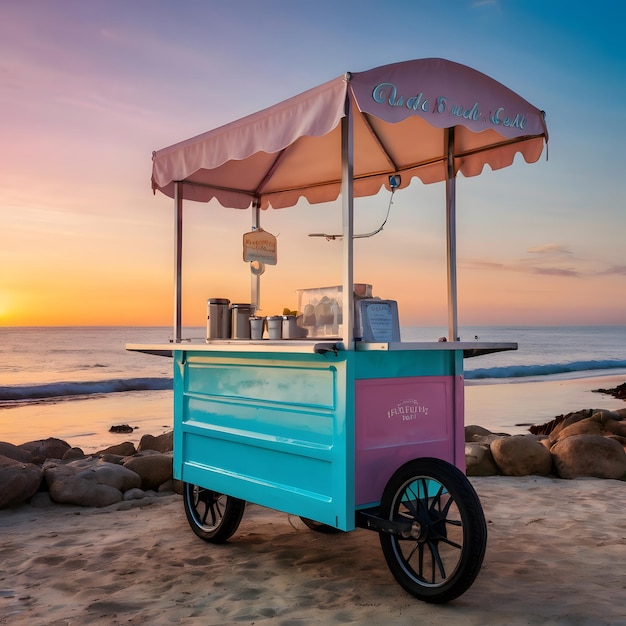 a colorful food cart on a beach with the word princess on it