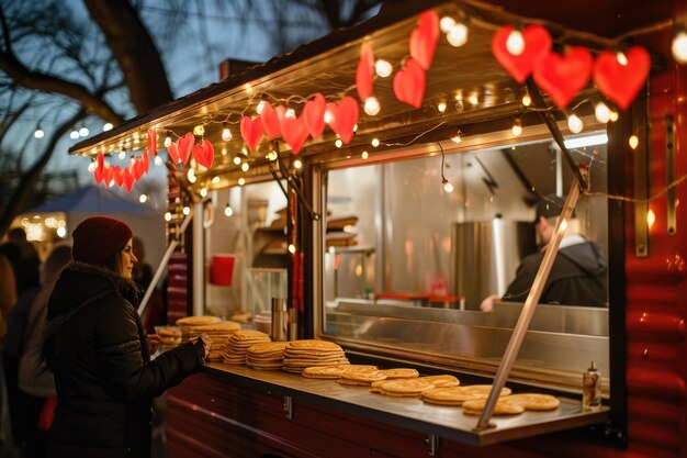 A colorful food truck brimming with an assortment of mouthwatering dishes parked in a bustling street Romantic food truck selling heartshaped pancakes AI Generated