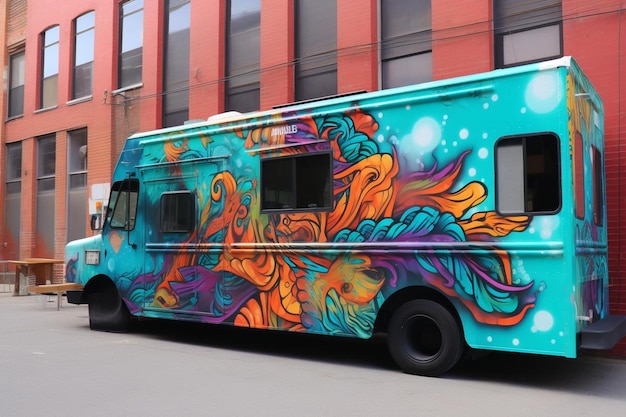 a colorful food truck has flames painted on the side