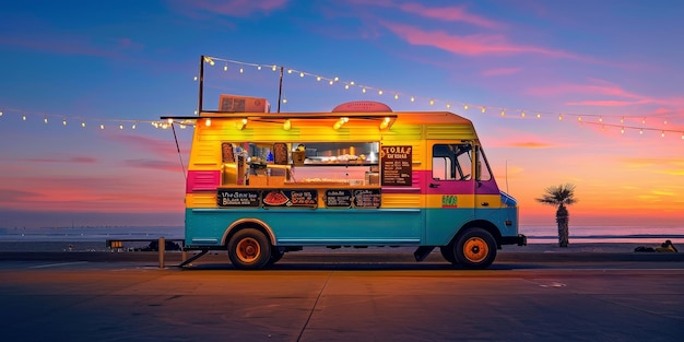 A colorful food truck is parked on the beach at sunset The truck is decorated with lights and has a