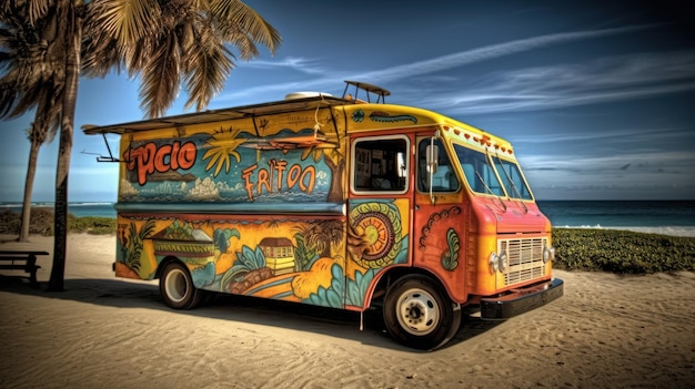 A colorful food truck that has a picture of a beach and the words " funo faca " on it.