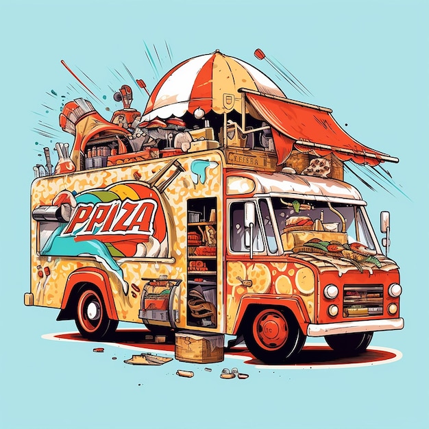 A colorful food truck with a colorful advertisement for pizza.