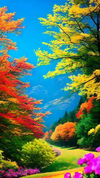 A colorful forest with a blue sky in the background