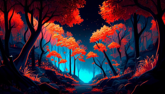 A colorful forest with a blue sky and orange glowing plants at night Generative AI