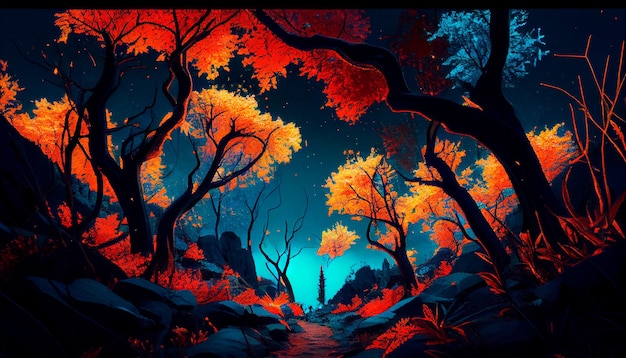 A colorful forest with a blue sky and orange glowing plants at night Generative AI