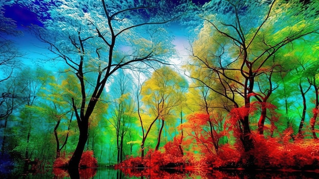 A colorful forest with a pond in the middle