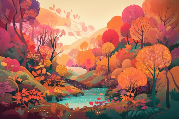 A colorful forest with a river in the middle.