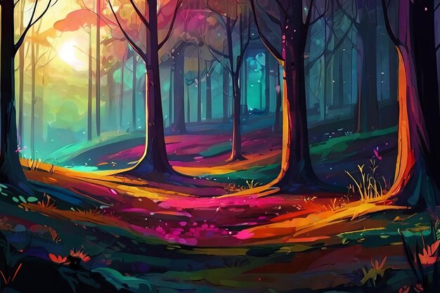 a colorful forest with trees and the sun shining through the trees