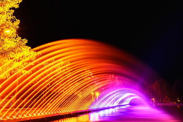 Colorful fountains in city park at night time