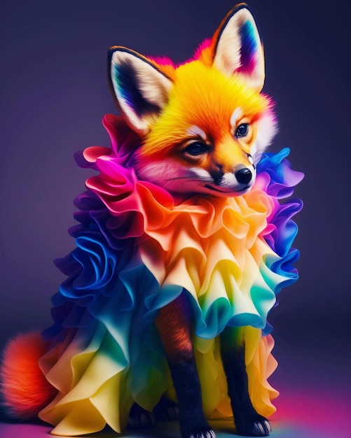 A colorful fox is sitting on a purple background.