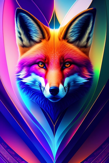 A colorful fox with a black background and a rainbow colored face