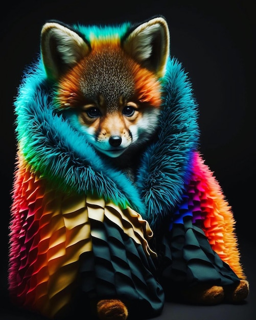 A colorful fox with a rainbow fur coat.