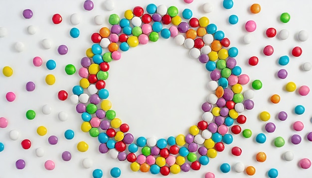 Photo colorful frame of multicolored candy dragees round bonbons scattered on white background