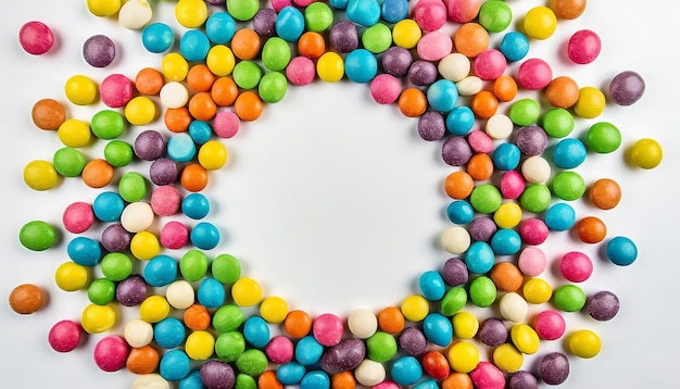 Photo colorful frame of multicolored candy dragees round bonbons scattered on white background