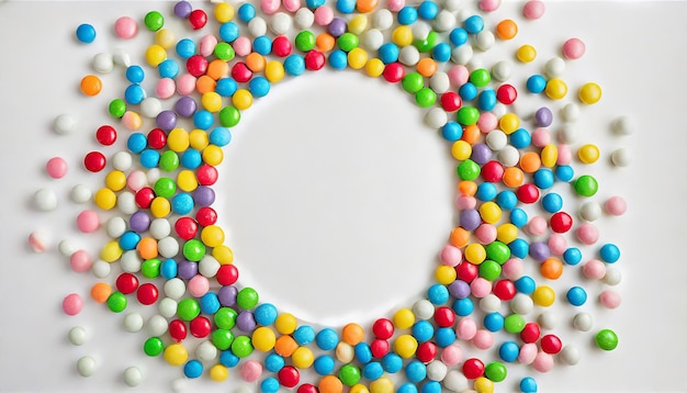 Photo colorful frame of multicolored candy dragees round bonbons scattered on white background