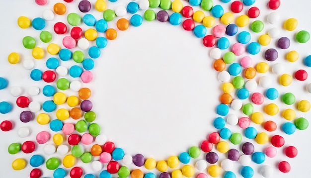 Photo colorful frame of multicolored candy dragees round bonbons scattered on white background