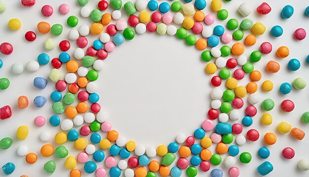 Photo colorful frame of multicolored candy dragees round bonbons scattered on white background