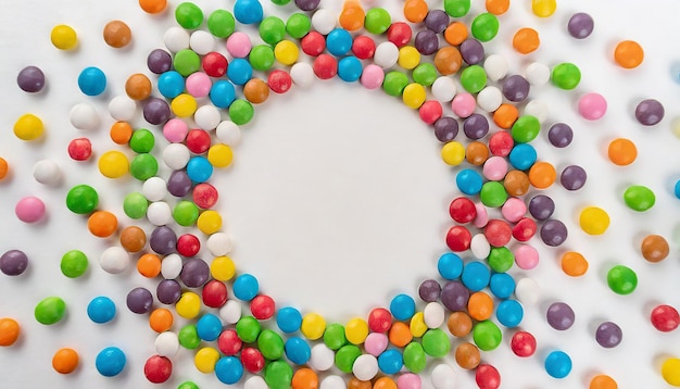 Photo colorful frame of multicolored candy dragees round bonbons scattered on white background