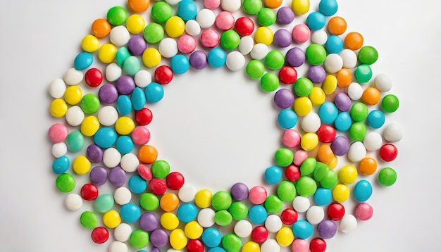 Photo colorful frame of multicolored candy dragees round bonbons scattered on white background