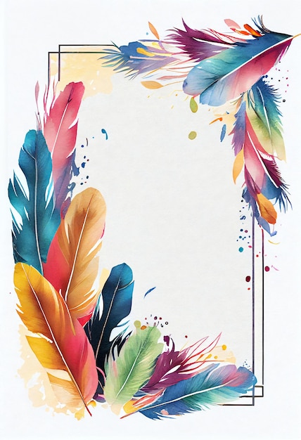 A colorful frame with a border of feathers.