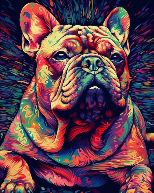 A colorful french bulldog with a black background.